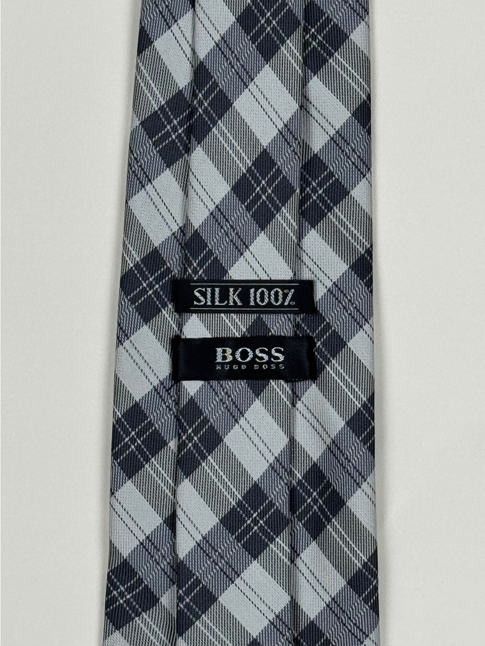 Boss Gray and Black Plaid Silk Tie